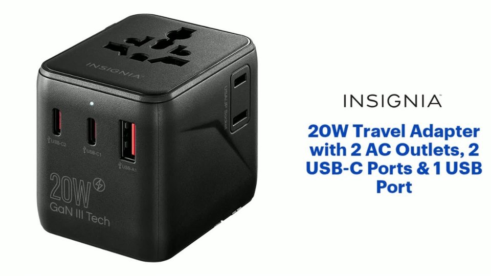 Insignia™ - 20W Travel Adapter with 2 AC Outlets, 2 USB-C Ports & 1 USB Port video 1 minutes 10 seconds