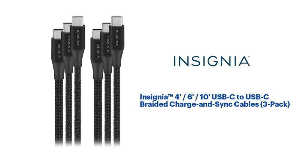 InsigniaT - 4' / 6' / 10' USB-C to USB-C Braided Charge-and-Sync Cables (3-Pack) - Black Product Features video 1 minutes 13 seconds