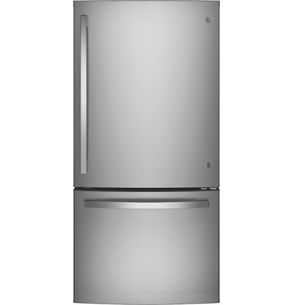 GE - 33 in. Wide 24.8 Cu. Ft. Bottom-Freezer Refrigerator with Sliding Snack Drawer - Stainless Steel