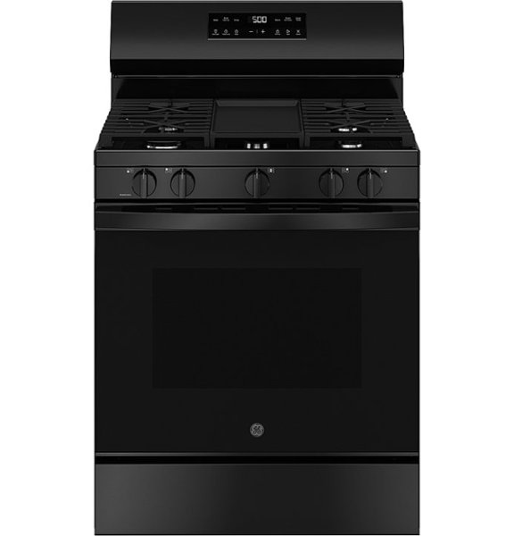 GE - 30 in. Wide 5 Burners 5.3 Cu. Ft. Freestanding Gas Range with Self-Clean and Steam Cleaning Option and Crisp Mode - Black
